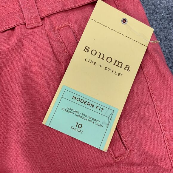 Sonoma Modern Fit Short Womens 10 Coral Solid Cuffed Linen Blend Belted Paperbag - Picture 3 of 9